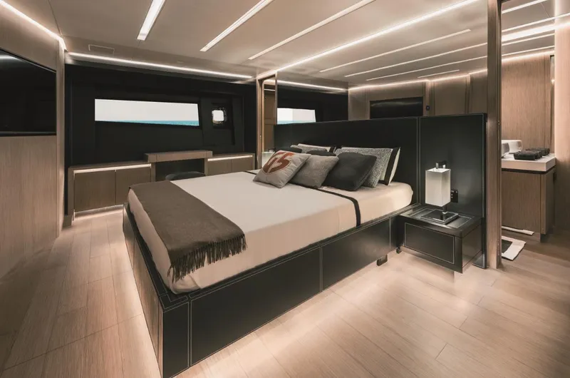  Yacht Photos Pics Luxurious bedroom interior of 2025 AB 80 yacht with modern design and ambient lighting.