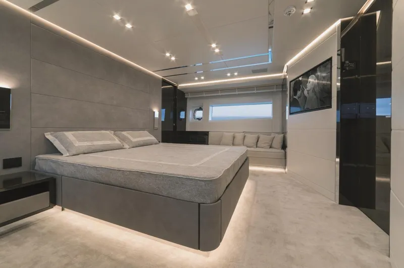  Yacht Photos Pics Luxurious modern bedroom interior on AB 80 yacht, 2025 model, featuring sleek design and ambient lighting.