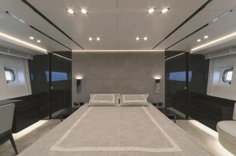  Yacht Photos Pics Luxurious bedroom interior in 2025 AB 80 yacht, featuring modern design and ambient lighting.
