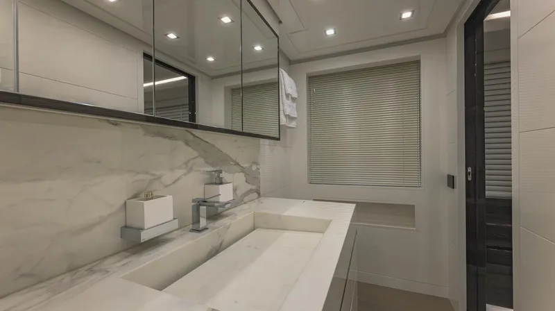  Yacht Photos Pics Modern bathroom with marble sink, mirrored cabinets, and blinds, in AB 80 model, 2025.