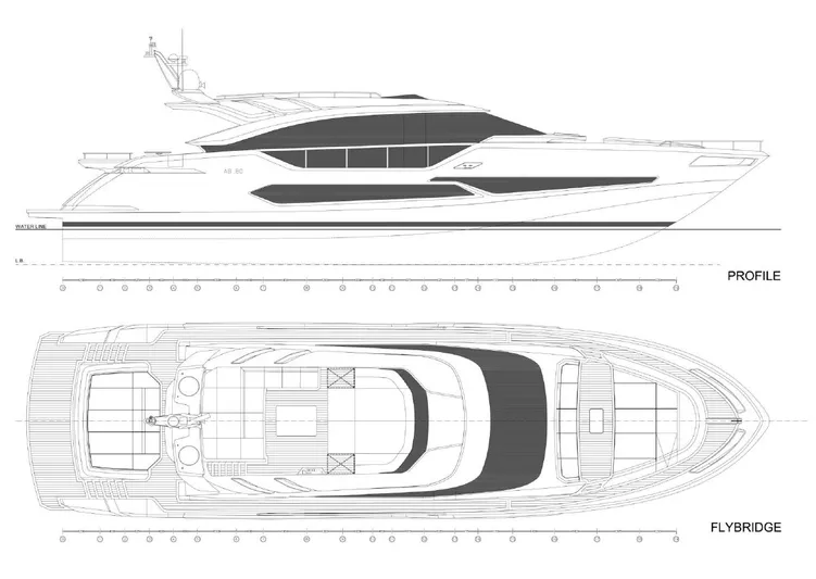  Yacht Photos Pics Blueprint of AB 80 yacht, 2025 model, showing profile and flybridge views.