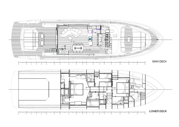 Yacht Photos Pics Blueprint of AB 80 yacht, 2025 model, showing main and lower deck layouts.