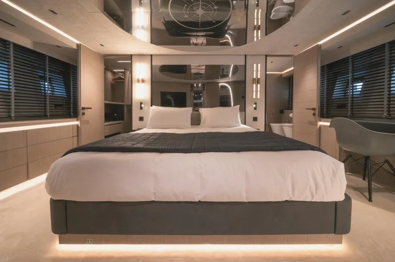  Yacht Photos Pics Luxurious bedroom interior in AB 80 yacht, 2025 model, featuring modern design and ambient lighting.