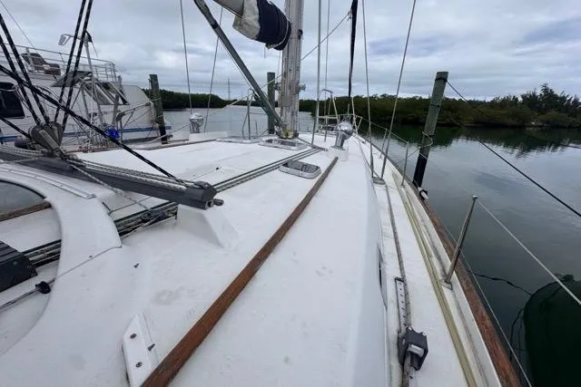 Must Love Dogs Yacht Photos Pics Sailboat deck view of a 1996 Beneteau 50, docked in a serene marina.