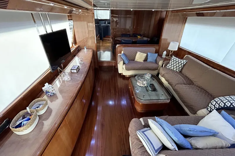  Yacht Photos Pics Luxurious interior of 2002 Sanlorenzo SL72 yacht with elegant wood finishes and cozy seating.