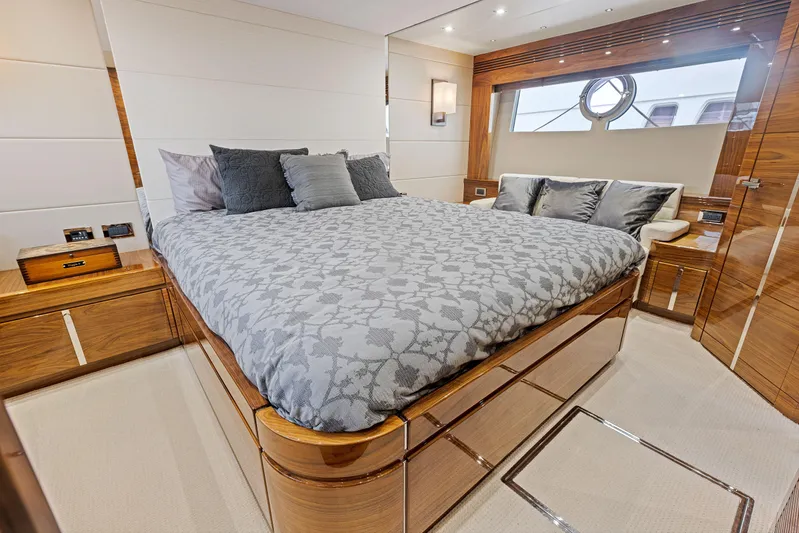 Diggin It Yacht Photos Pics Luxurious bedroom interior of 2015 Sunseeker Predator 68 yacht with modern design.