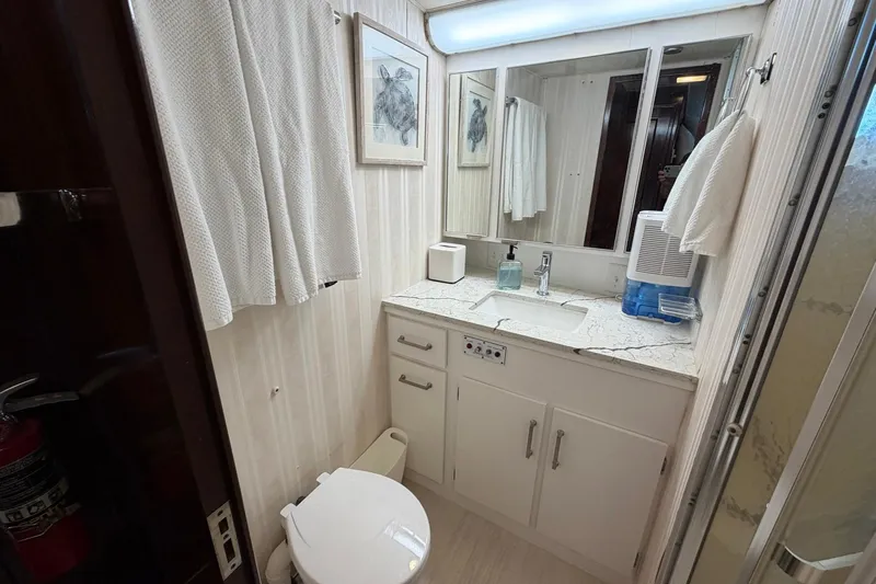 Lady Rae Yacht Photos Pics Bathroom interior of 1987 Hatteras 58 Motor Yacht with sink, mirror, and toilet.