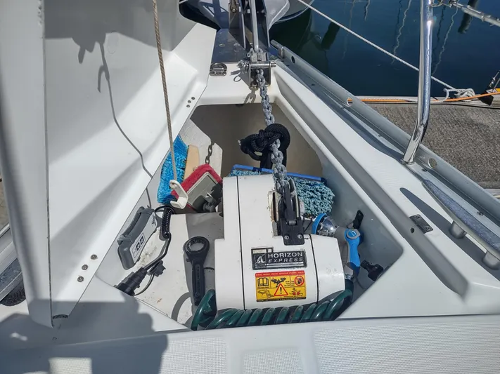 Rarebird Yacht Photos Pics Anchor locker of a 2004 Beneteau 393 sailboat with Horizon Express windlass.