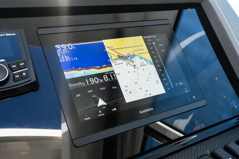 Lagniappe Yacht Photos Pics Garmin navigation display on 2023 Cruisers Yachts 42 Cantius, showing map and sonar data.