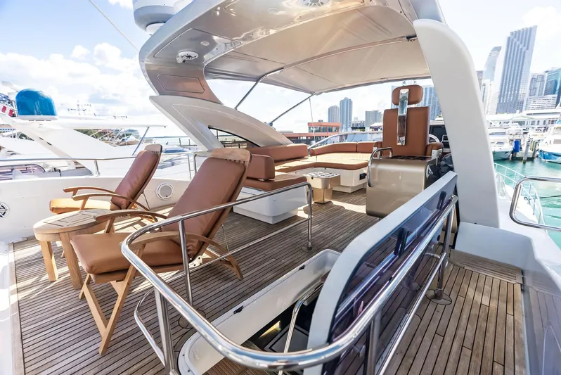  Yacht Photos Pics Luxurious 2014 Azimut 72S yacht deck with seating and city skyline view.