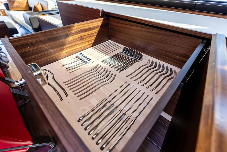  Yacht Photos Pics Luxury yacht Azimut 72S 2014, elegant cutlery drawer in wooden interior.