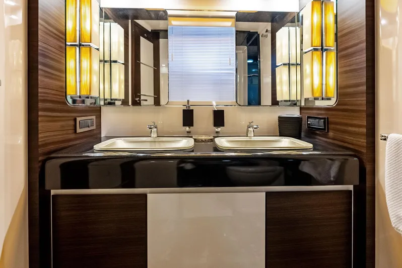  Yacht Photos Pics Luxurious bathroom in 2014 Azimut 72S yacht with dual sinks and elegant lighting.