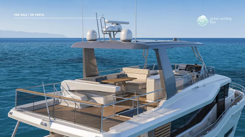 Gran Firin Yacht Photos Pics 2024 Beneteau Grand Trawler 62 yacht on open sea, showcasing luxurious deck and seating area.