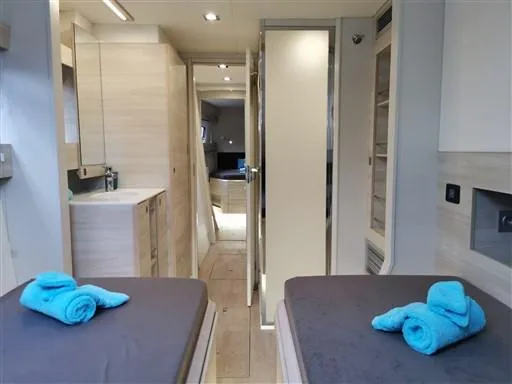  Yacht Photos Pics Interior of 2019 Catana 53 yacht with twin beds and modern design.