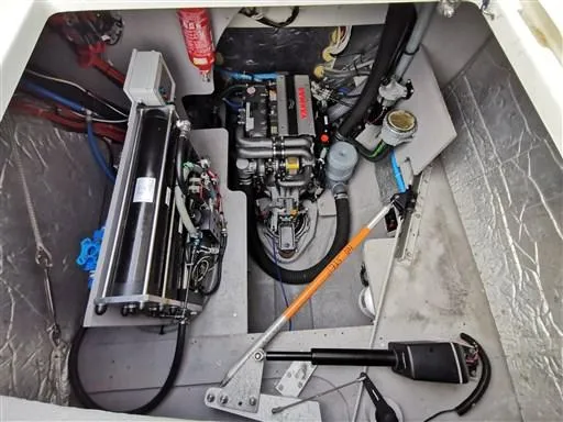  Yacht Photos Pics Engine compartment of a 2019 Catana 53 yacht, featuring mechanical components and wiring.