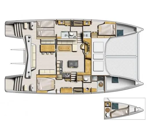  Yacht Photos Pics Floor plan of a 2019 Catana 53 catamaran, featuring spacious cabins and modern amenities.