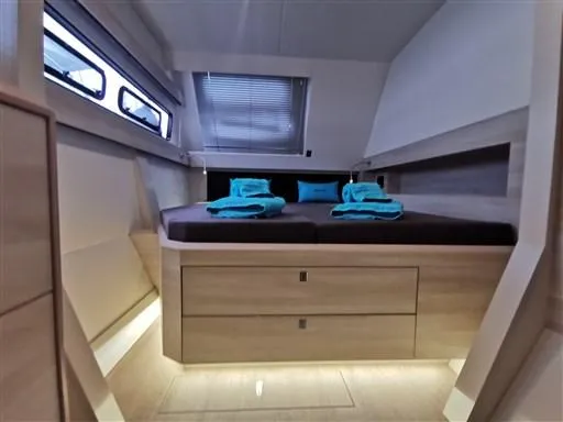  Yacht Photos Pics Luxurious interior cabin of 2019 Catana 53 yacht with modern design and ambient lighting.