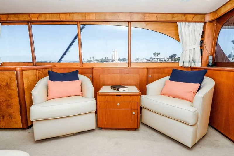 Shotgun Yacht Photos Pics Interior of 1981 Merritt 55 c yacht with cozy seating and wooden accents.