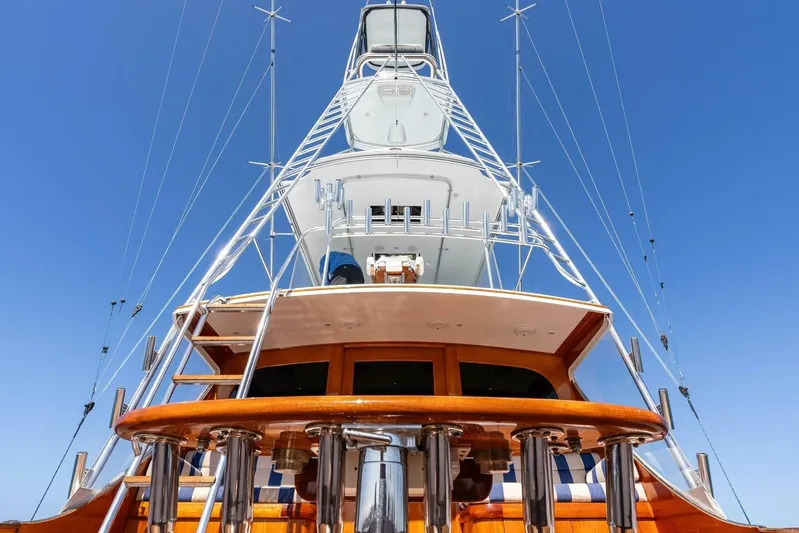 Shotgun Yacht Photos Pics 1981 Merritt 55 c yacht with tower against clear blue sky.