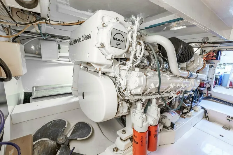 Shotgun Yacht Photos Pics Engine room of 1981 Merritt 55 c with MAN Marine Diesel engine.