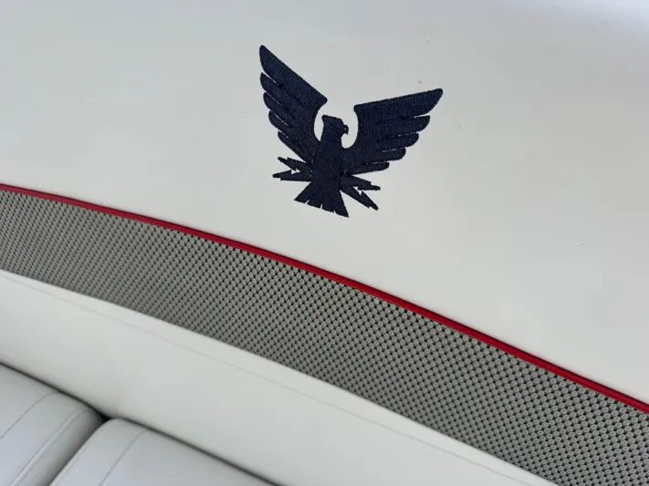 Anything For Me Too Yacht Photos Pics Logo on seat upholstery of a 2014 Formula 37 Performance Cruiser.