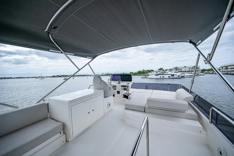 Time Chaser Yacht Photos Pics Luxurious 2021 Ferretti Yachts 500 flybridge with spacious seating and scenic water views.