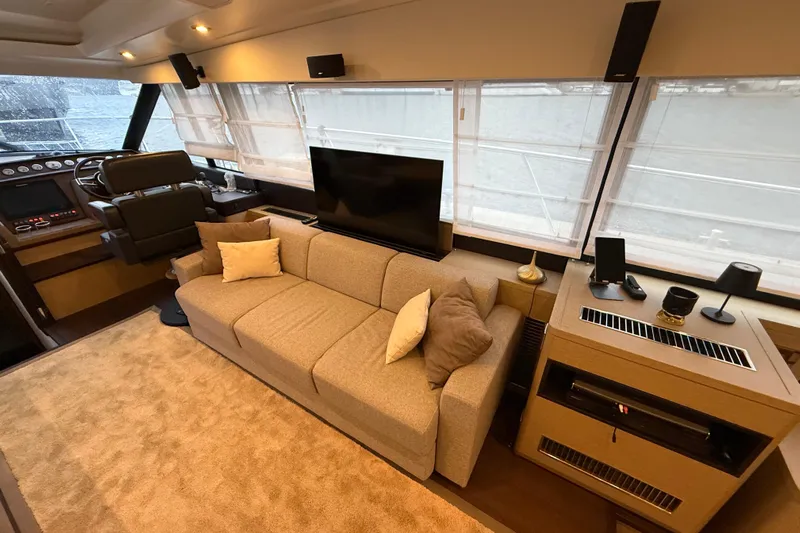  Yacht Photos Pics Luxurious interior of 2016 Prestige 620S yacht with sofa, TV, and helm station.