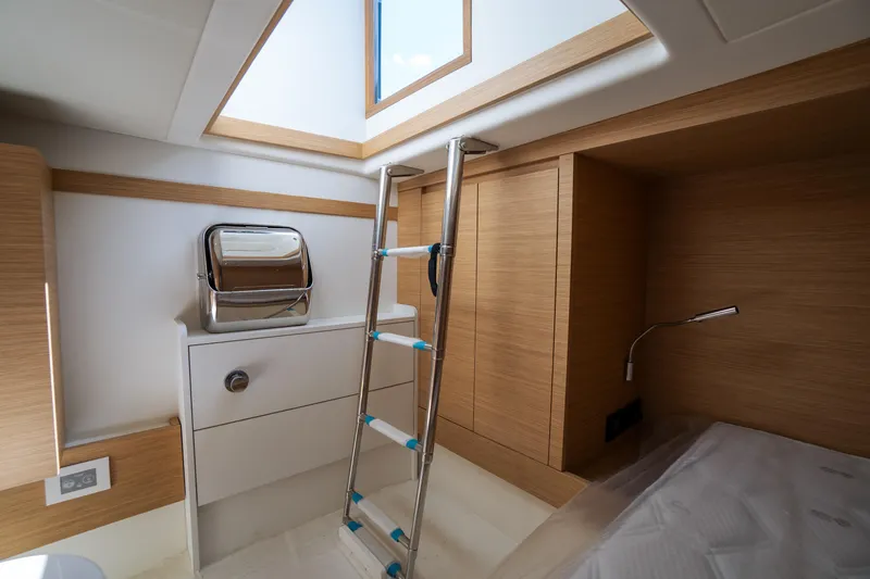 Available Now Yacht Photos Pics Interior of 2025 Pardo Yachts 50, featuring modern wood finish and skylight.