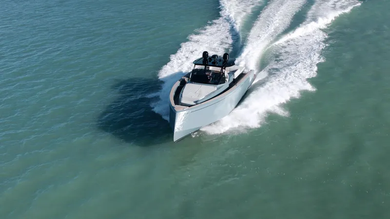 Available Now Yacht Photos Pics 2025 Pardo Yachts 50 cruising on open water, aerial view.