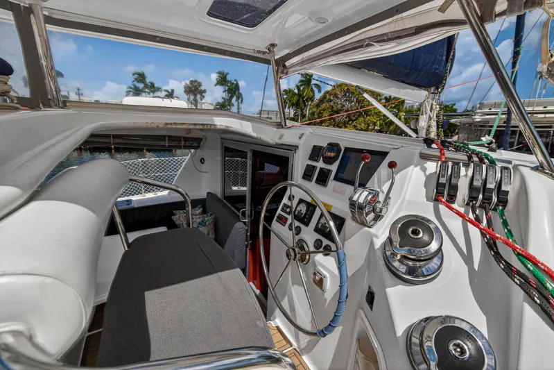 Papillon Yacht Photos Pics Cockpit of 2012 Leopard 39 yacht with steering wheel and control panel.