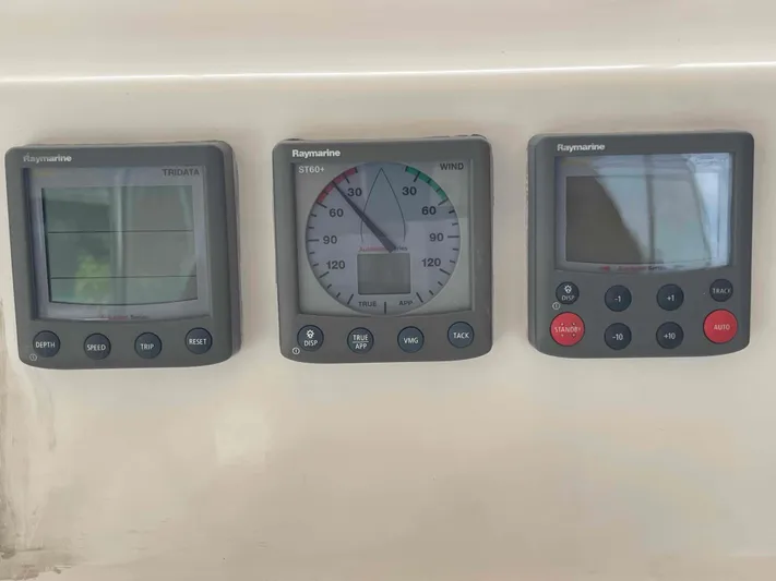 Endless Summer Yacht Photos Pics Raymarine marine instrument displays on a 2008 Admiral Executive boat dashboard.