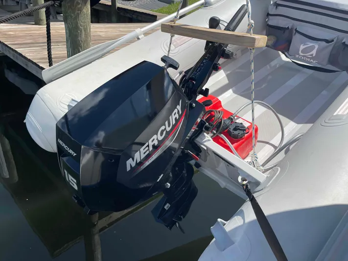 Endless Summer Yacht Photos Pics Inflatable boat with Mercury outboard motor, docked. Admiral Executive 2008 model.