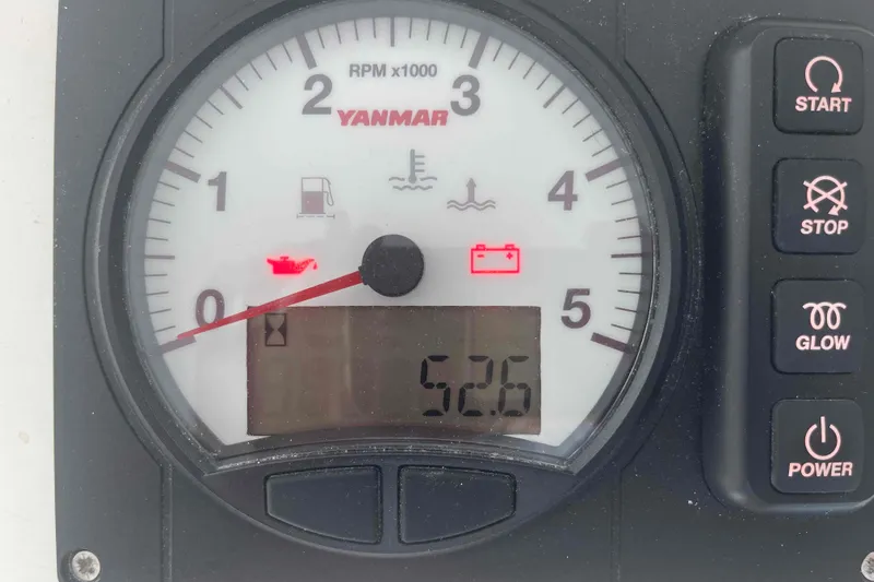 Endless Summer Yacht Photos Pics Tachometer display with Yanmar branding, showing RPM and warning lights, Admiral Executive 2008.