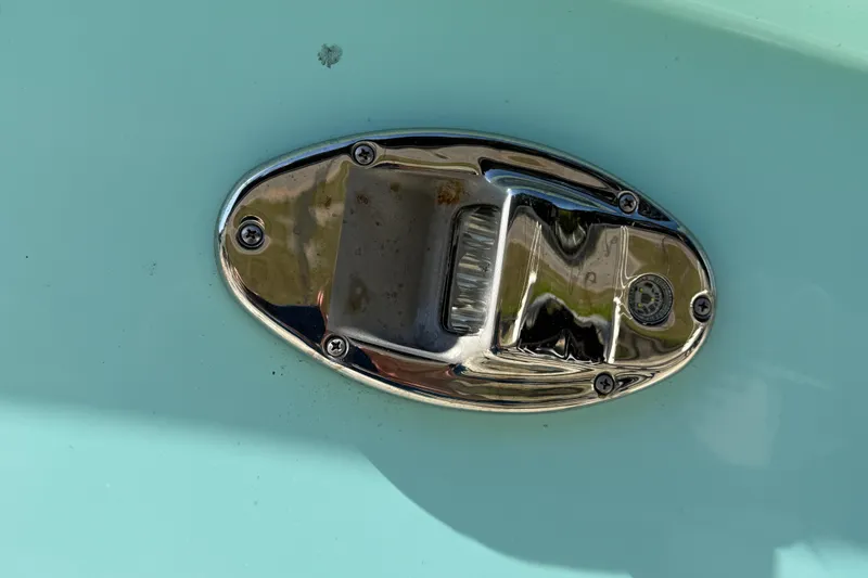 Stunning Seafoam Green Yacht Photos Pics Chrome boat fixture on 2022 Everglades 273 Center Console.