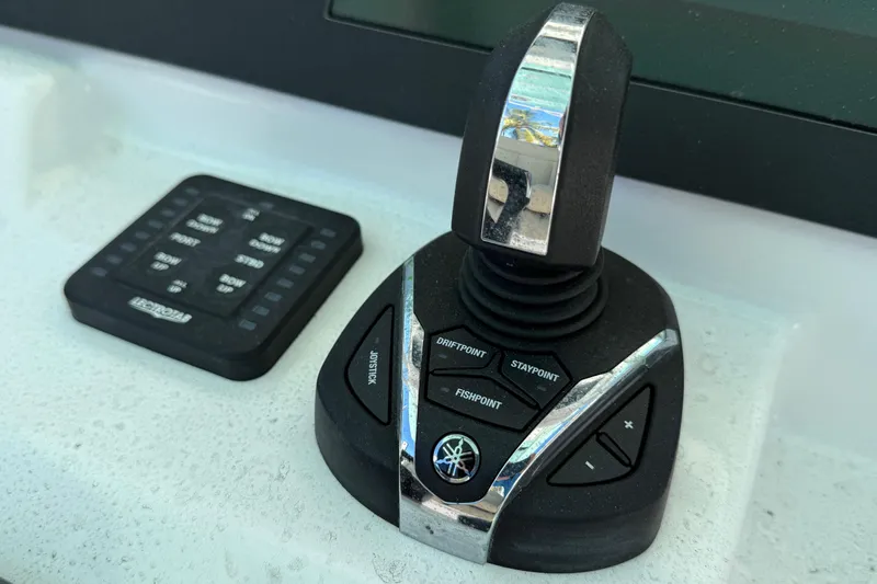 Stunning Seafoam Green Yacht Photos Pics Joystick control panel on 2022 Everglades 273 Center Console boat.