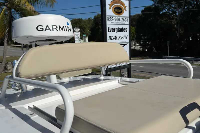 Stunning Seafoam Green Yacht Photos Pics 2022 Everglades 273 Center Console boat with Garmin radar and beige seating.
