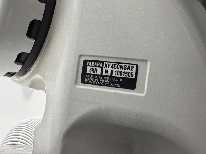  Yacht Photos Pics Close-up of Yamaha motor label on 2024 Contender 44 ST boat.