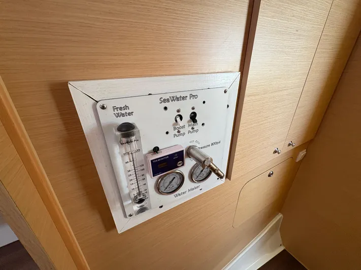 Chasing Summer Yacht Photos Pics Control panel on 2012 Lagoon 400 yacht, featuring water management system.