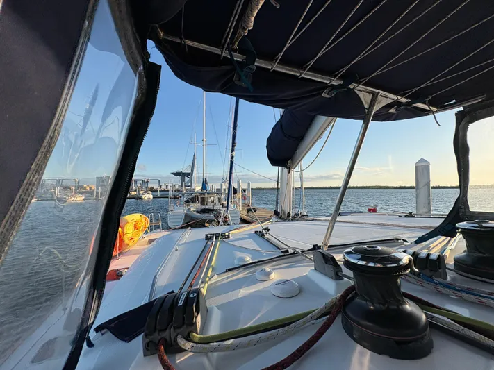 Chasing Summer Yacht Photos Pics Lagoon 400 catamaran docked at marina, view from deck, 2012 model.