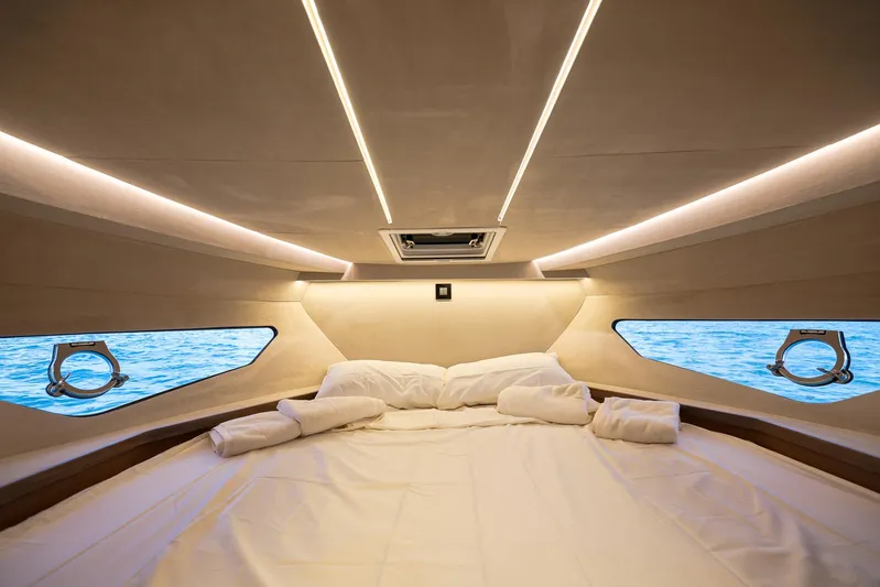  Yacht Photos Pics Luxurious cabin interior of 2025 Focus 3X yacht with ocean view windows.
