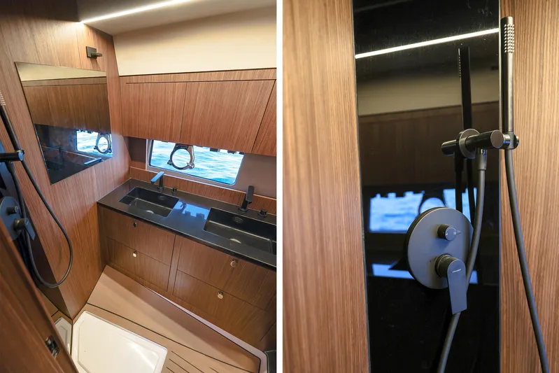  Yacht Photos Pics Luxurious bathroom interior of 2025 Focus 3X yacht with modern fixtures and wood paneling.
