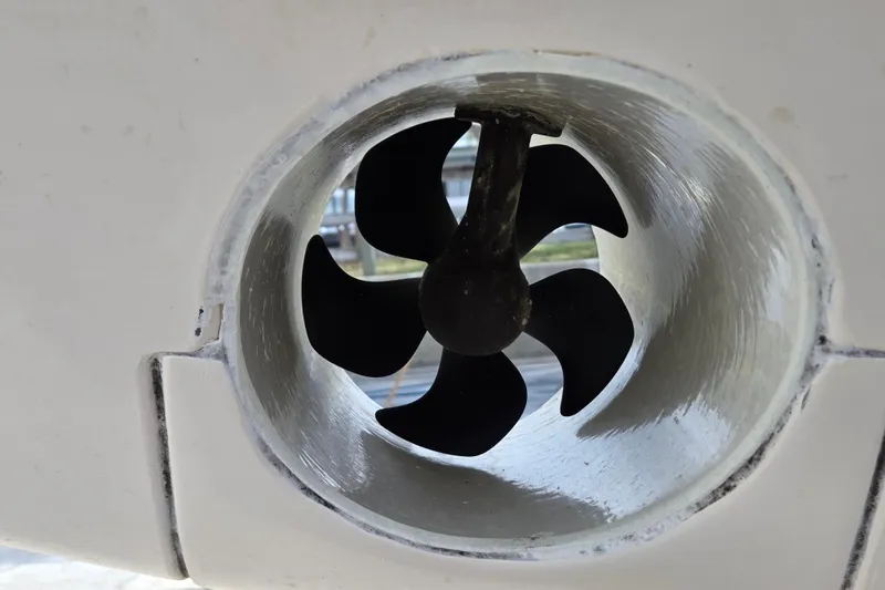Reel Fun Yacht Photos Pics Bow thruster of a 2013 Grady-White Express 330 boat, close-up view.