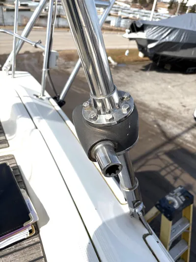 Brown Sugar Yacht Photos Pics Close-up of a 2005 Beneteau First 47.7 sailboat's stainless steel rigging component.