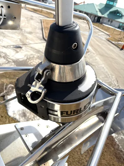 Brown Sugar Yacht Photos Pics Furler mechanism on a 2005 Beneteau First 47.7 sailboat, close-up view.