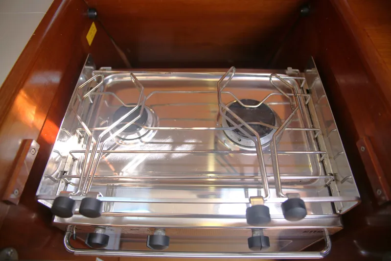 Brown Sugar Yacht Photos Pics Two-burner stove in 2005 Beneteau First 47.7 yacht kitchen.