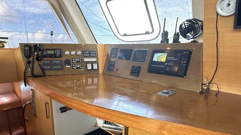 Zahora Yacht Photos Pics 2008 Sunreef 62 yacht control panel with navigation equipment and communication devices.