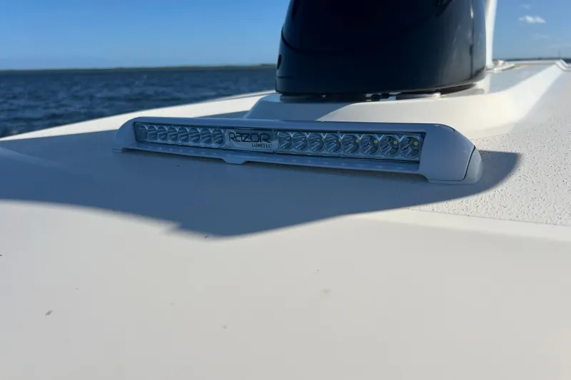 Natural 9 Yacht Photos Pics 2024 Scout 330 LXF boat with Lumitec Razor light bar on deck.