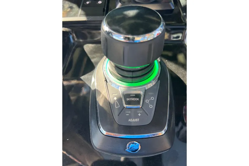 Natural 9 Yacht Photos Pics 2024 Scout 330 LXF boat control panel with joystick and Skyhook feature.
