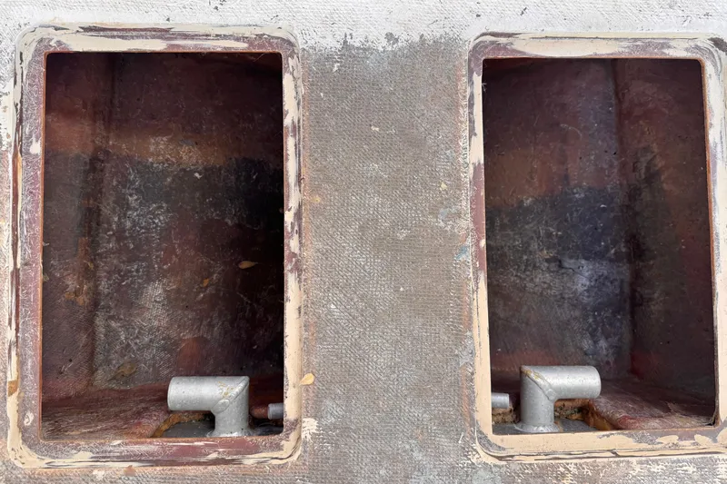  Yacht Photos Pics Interior compartments of a 2025 Don Smith Custom 55' boat, showing wear and metal fittings.