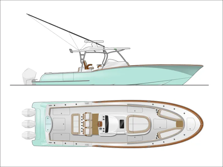  Yacht Photos Pics 2025 Mag Bay 38 CC boat design, side and top view, sleek and modern layout.